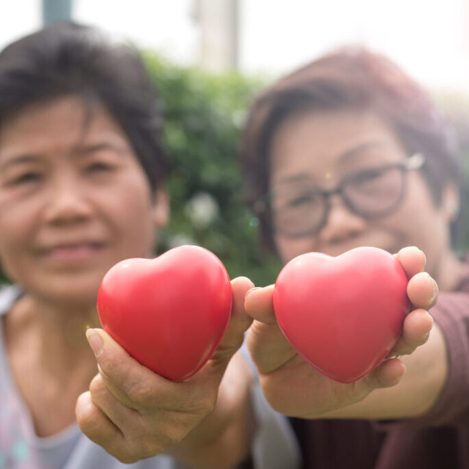 Family caregivers concept. Senior twin or two relatives, friends, or neighbors holding red heart shape for taking care each other in nursing home wellbeing service community.